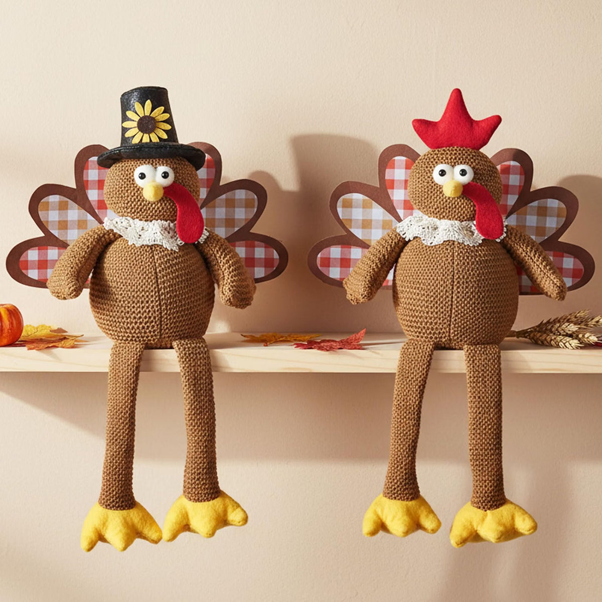 2-Piece Thanksgiving Turkey Couple Plush Dolls – Dangling Leg Fall Harvest Tabletop Decorations for Home, Kitchen & Shelf Décor