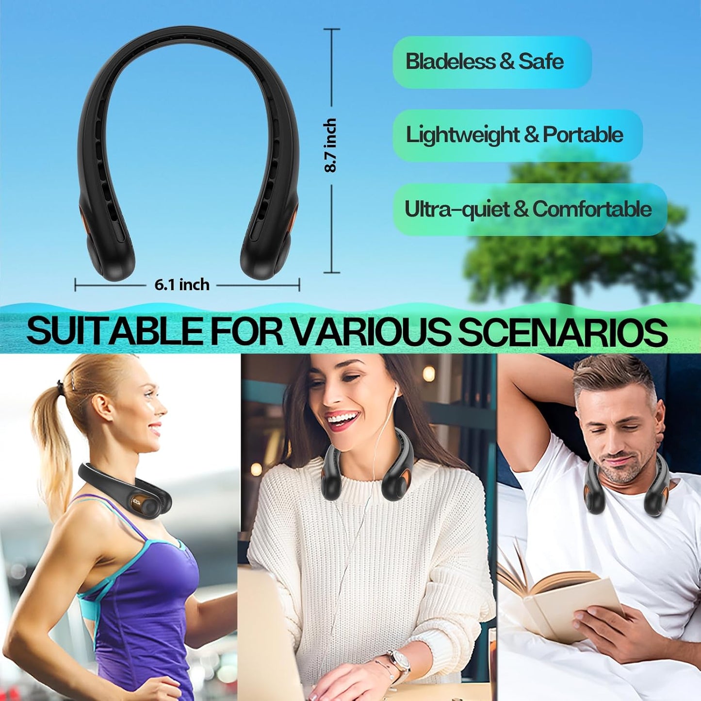 Portable Bladeless Neck Fan – 360° Airflow, Quiet USB Rechargeable Wearable Cooling Fan with 3 Speeds & 4000mAh Battery