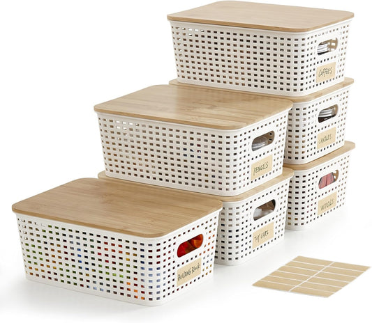 Small Plastic Storage Bins with Bamboo Lids – 5.2 Qt Stackable Organizer Boxes with Labels – Cream White (6 Pack)