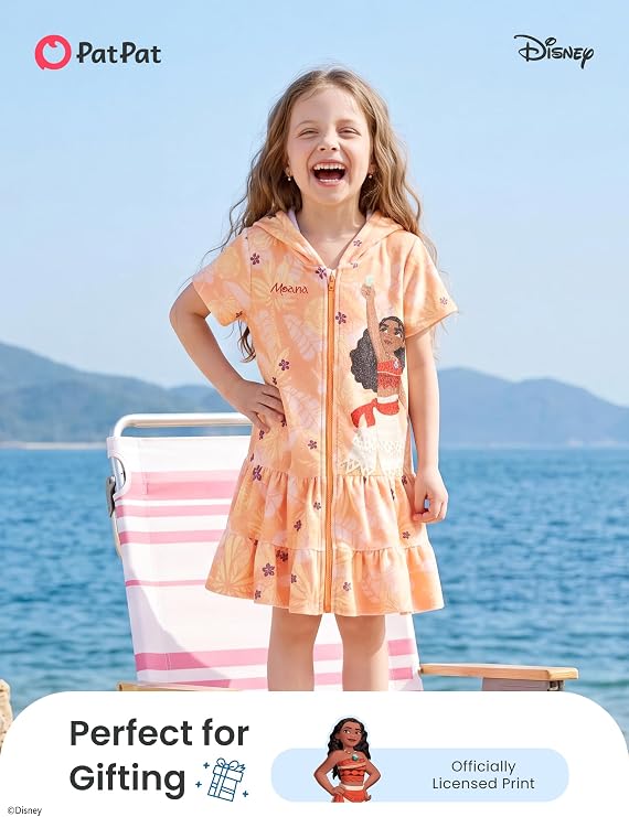 Moana Girls Swim Cover-Up – Hooded Terry Cloth Zip-Up Swimsuit Coverup for Ages 2–9 Years Old