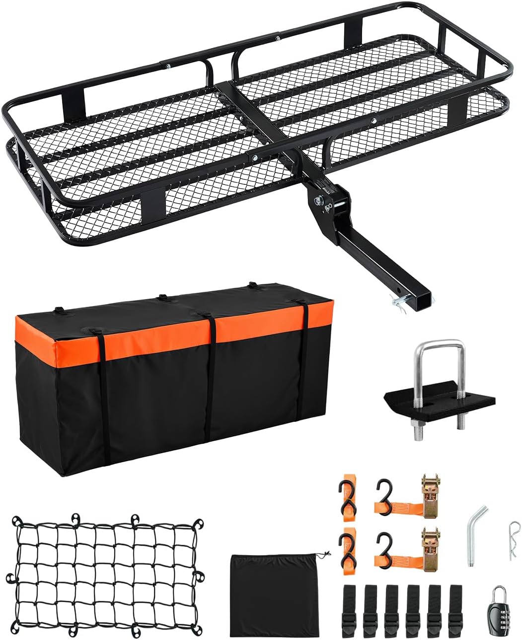 Folding Hitch Mount Cargo Carrier (60" x 24" x 6") 500 lb Load Capacity, Cargo Basket with Waterproof Bag for 2" Hitch Receivers