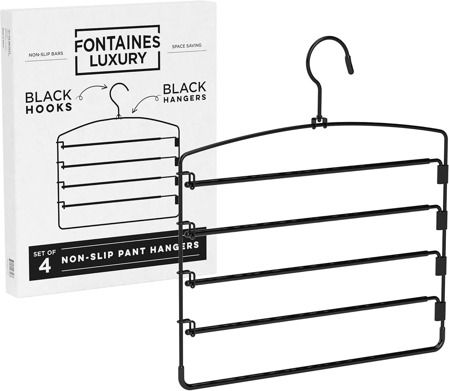 5-Tier Pants Hangers (4 Pack) – Ultra-Slim Space-Saving Closet Organizer with Metal Swivel Hook for Jeans, Slacks & Skirts