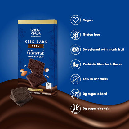Sugar-Free Dark Chocolate Almond Keto Bark with Sea Salt – Vegan, Low Carb, High Fiber, No Sugar Alcohols, 3.2 oz Bars (4 Pack)