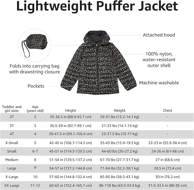 Girls’ & Toddlers’ Lightweight Water-Resistant Packable Hooded Puffer Jacket
