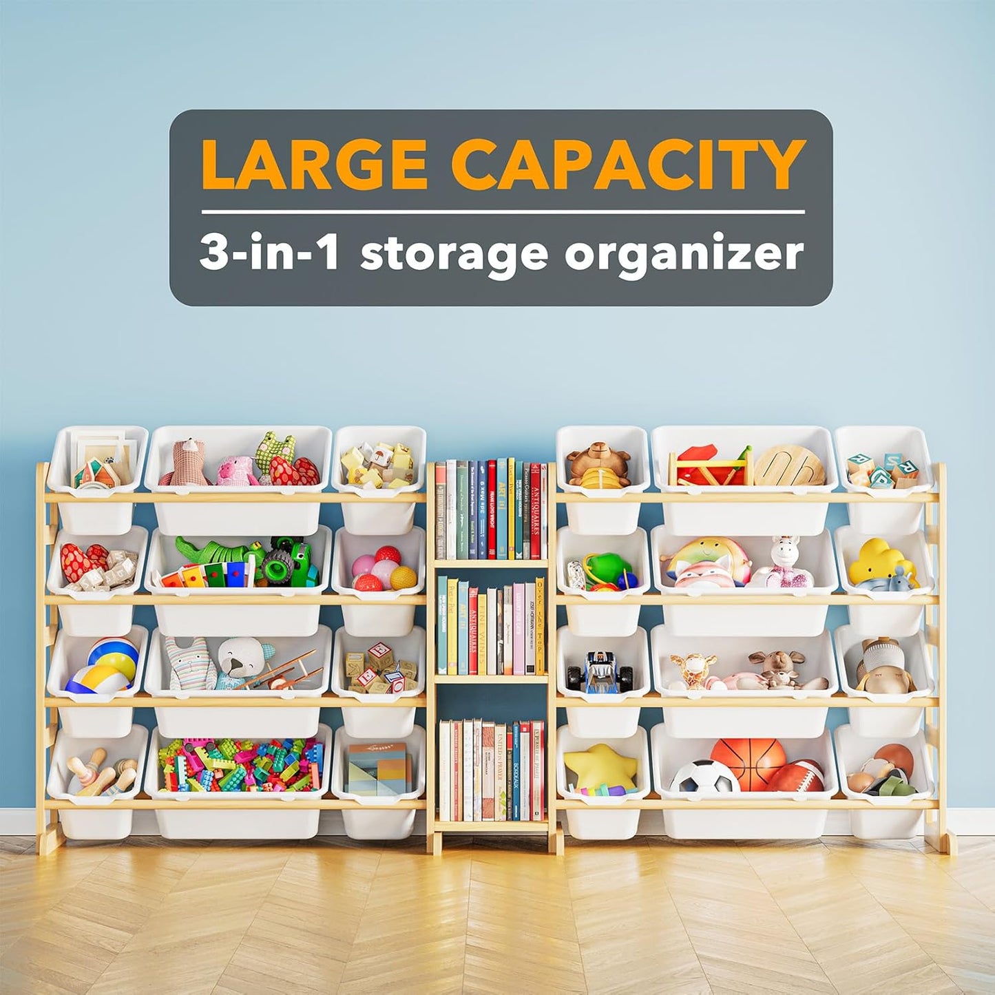 Large Toy Storage Organizer – 24 Bins & 3 Shelves Kids Toy Shelf Bookcase for Bedroom or Playroom – White
