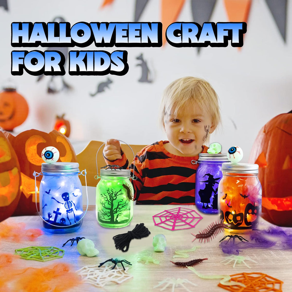 4-Piece Halloween Mason Jar Craft Kit for Kids – DIY Glass Jar Decorating Set with Accessories