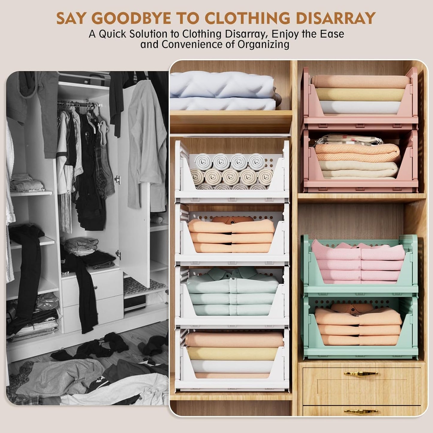 5 Pack Stackable Closet Storage Baskets – Foldable Space-Saving Organizer Drawers – White