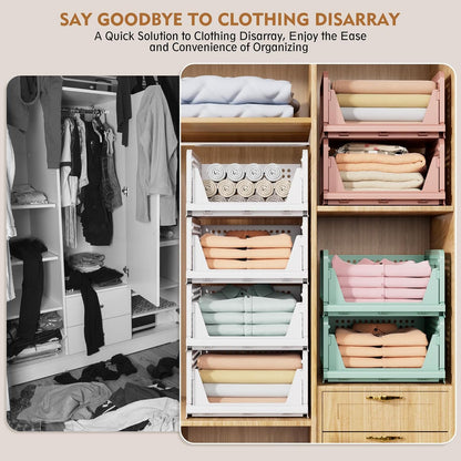 5 Pack Stackable Closet Storage Baskets – Foldable Space-Saving Organizer Drawers – White