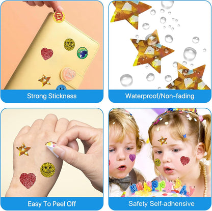 1520-Piece Manual Sticker Dispenser: 1-Inch Holographic Gold Stars, Red Hearts, and Smiley Faces for Kids' Rewards