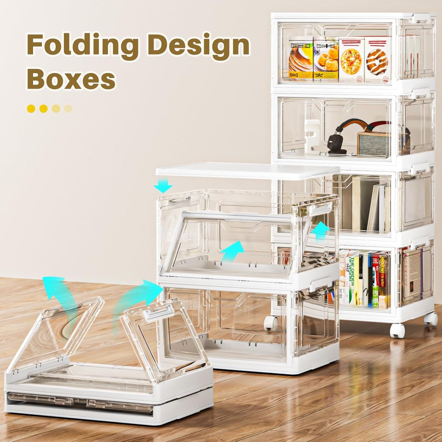24 QT Portable Clear Storage Bins with Lid & Wheels - Stackable 4-Tier Organizer with Magnetic Doors for Home & Office