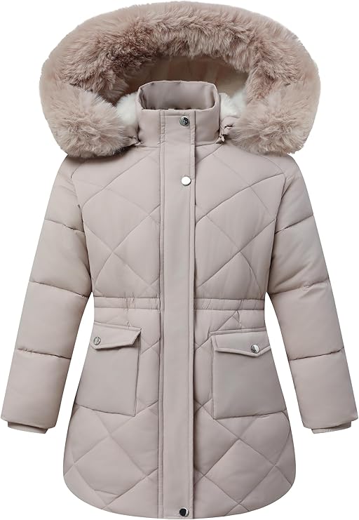 Girls’ Waterproof Winter Parka – Hooded Fleece-Lined Insulated Coat (Light Khaki, Size 5)