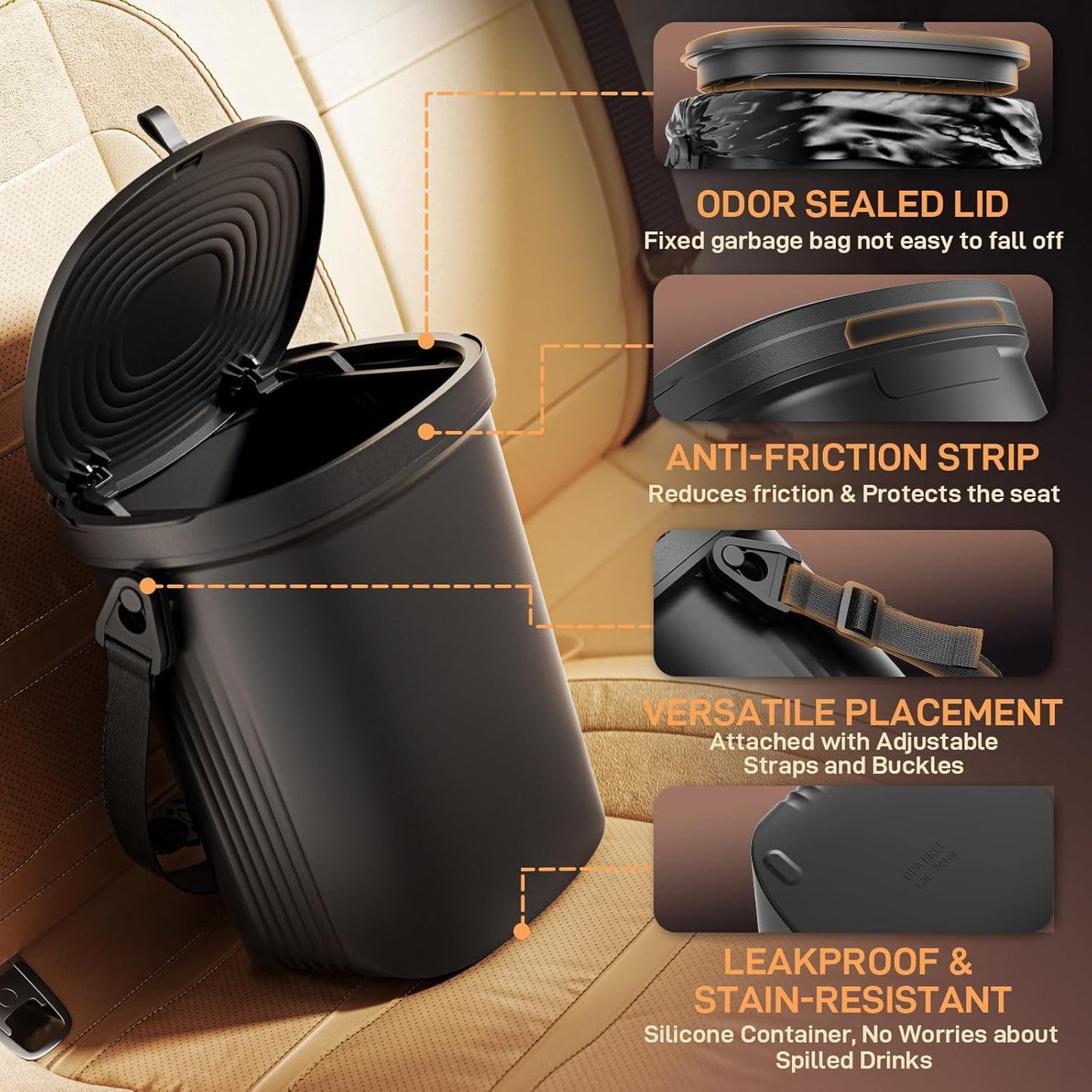 Leakproof Silicone Car Trash Can with Lid – 2 Gallon Vehicle Garbage Bin for Sedan, SUV, Van & Truck – Black