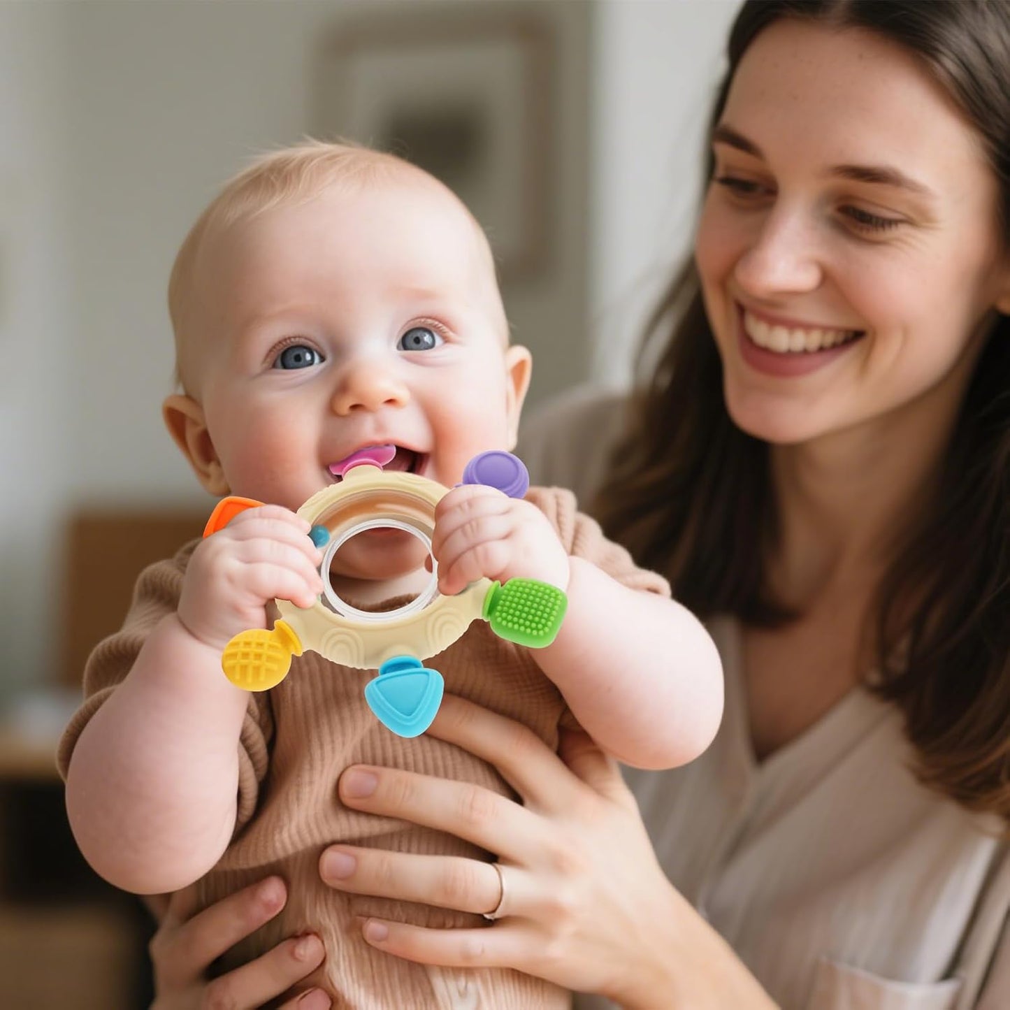 Baby Silicone Teething Rings & Rattle – BPA-Free Sensory Teether for Soothing Gums (0–24 Months)