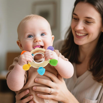 Baby Silicone Teething Rings & Rattle – BPA-Free Sensory Teether for Soothing Gums (0–24 Months)