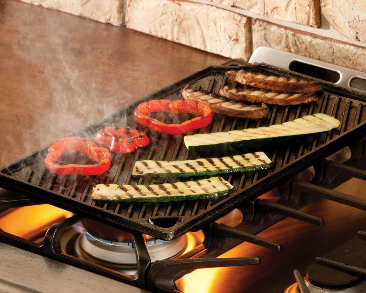 Reversible Cast Iron Grill/Griddle – Dual-Sided Double Burner Pan (Black)