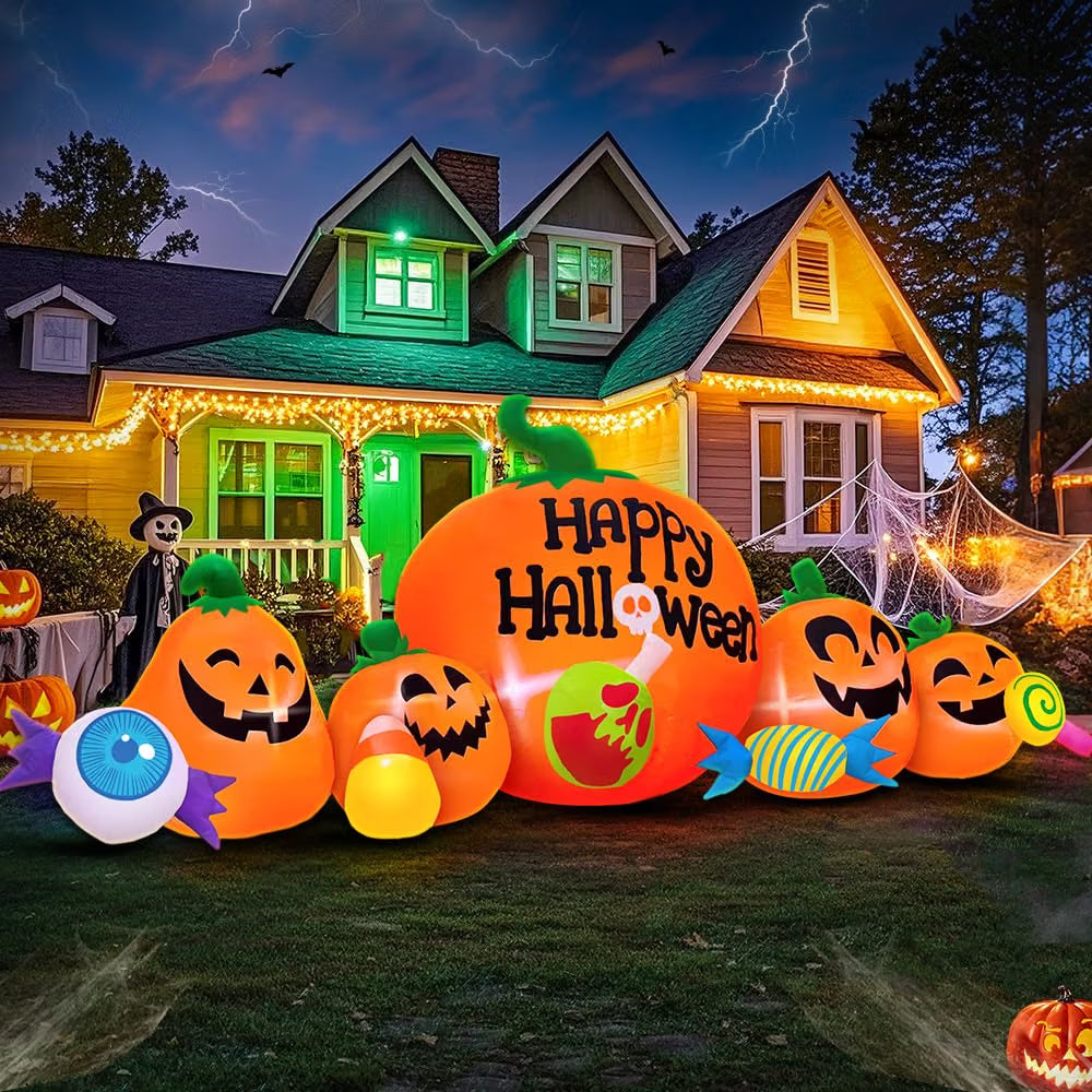8FT Halloween Inflatable Pumpkin Combo – LED Light-Up Outdoor Blow-Up Decoration for Yard, Lawn & Garden