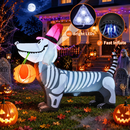 5.5 Ft Halloween Inflatable Skeleton Puppy – LED Light-Up Pumpkin Blow-Up Decoration for Indoor & Outdoor Yard, Garden & Party Décor