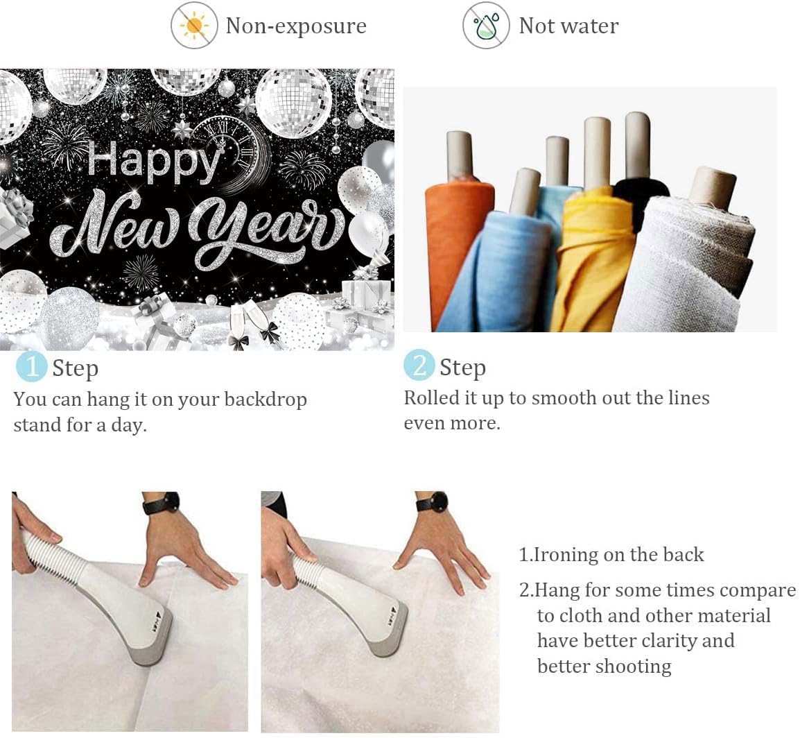 2026 Happy New Year Backdrop – 10x8 FT Black & Silver Photo Background with Fireworks & Champagne