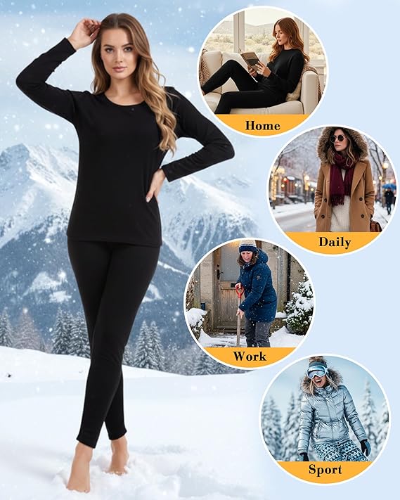 Patelai Women’s Thermal Underwear Set (2-Pack) – Soft Fleece-Lined Winter Base Layer Top & Bottom (Black/Dark Gray, XXL)