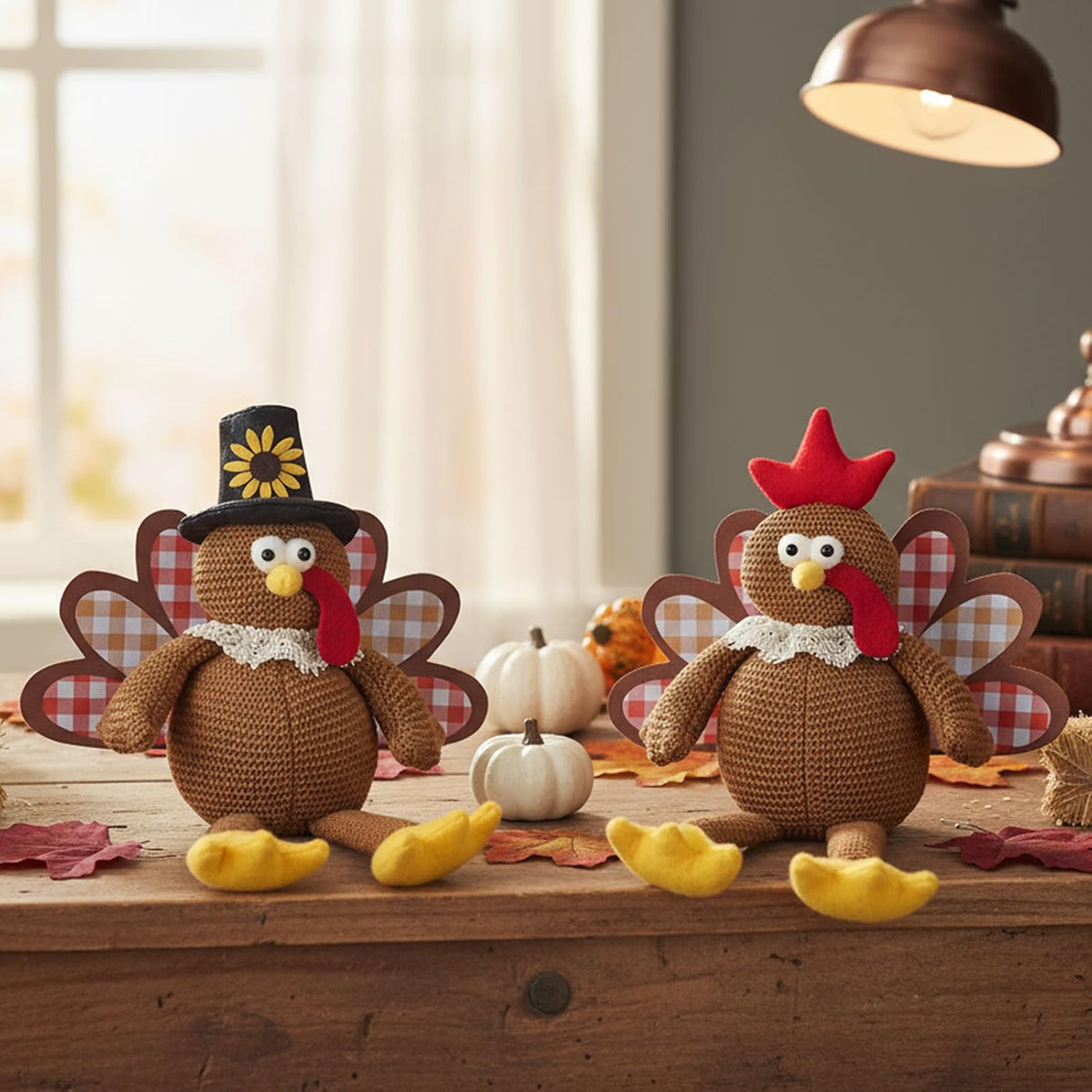 2-Piece Thanksgiving Turkey Couple Plush Dolls – Dangling Leg Fall Harvest Tabletop Decorations for Home, Kitchen & Shelf Décor