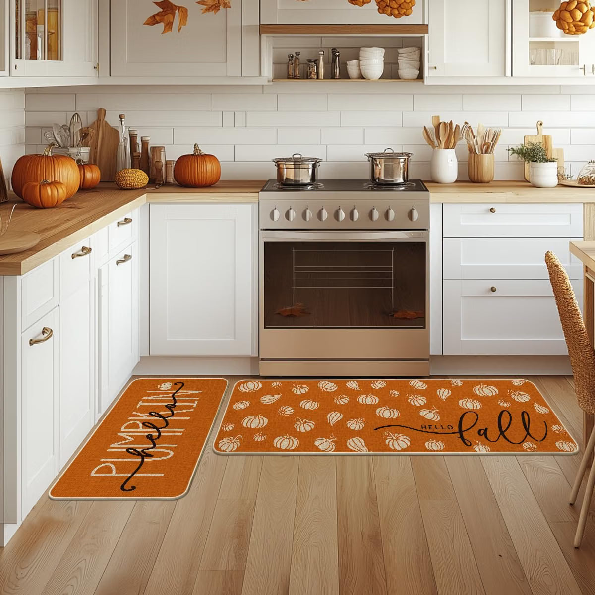 2-Piece Orange “Hello Pumpkin” Fall Kitchen Mat Set – 17" x 29" & 17" x 47" Autumn Floor Rugs