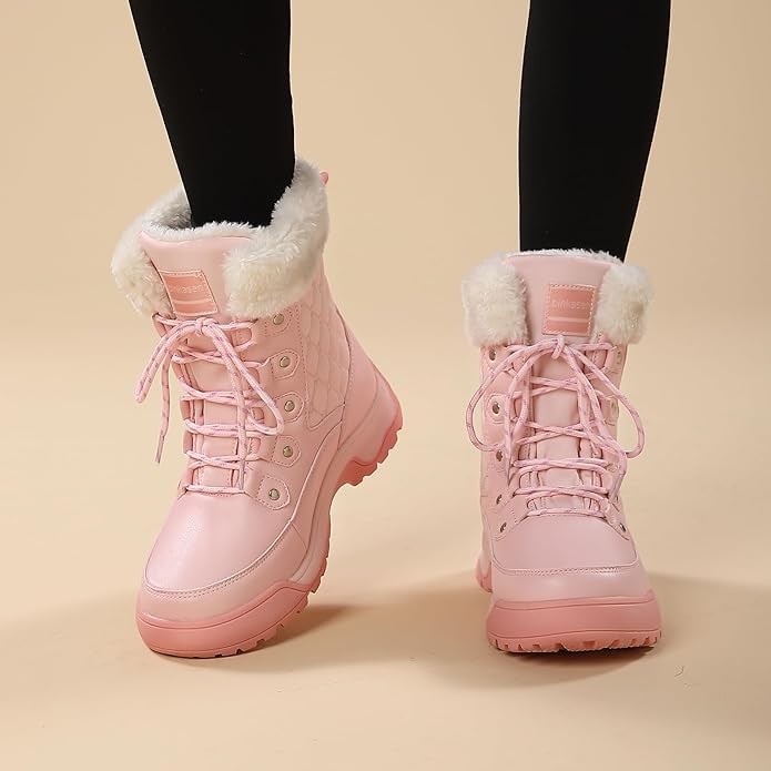 Women’s Non-Slip Insulated Snow Boots – Faux Fur Lace-Up Winter Shoes (Pink, Size 7)