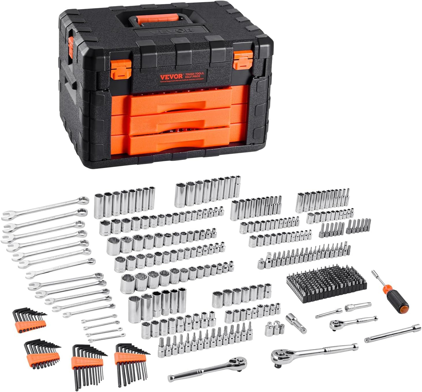 450-Piece Mechanics Tool Set & Socket Set, SAE & Metric, 1/4", 3/8", & 1/2" Drive
