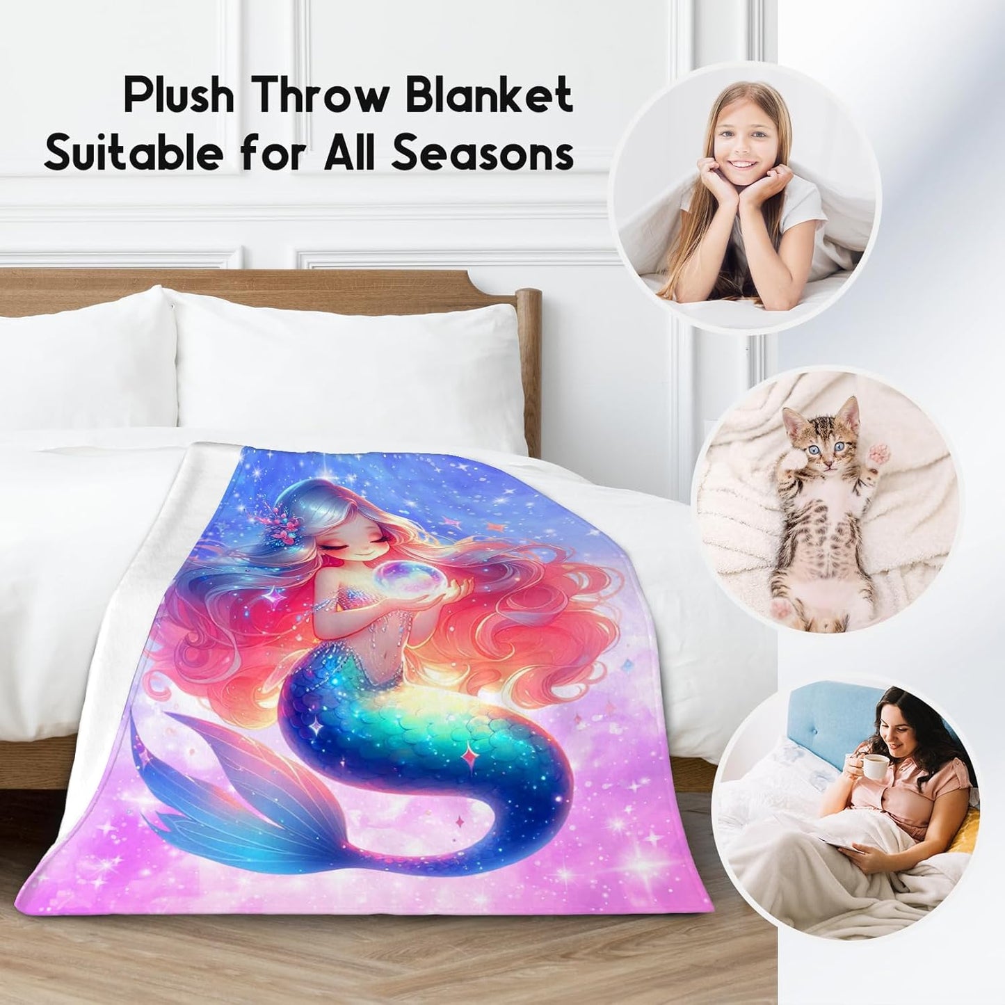 Girls Mermaid Throw Blanket – Plush Cozy Flannel Gift (50" x 60")