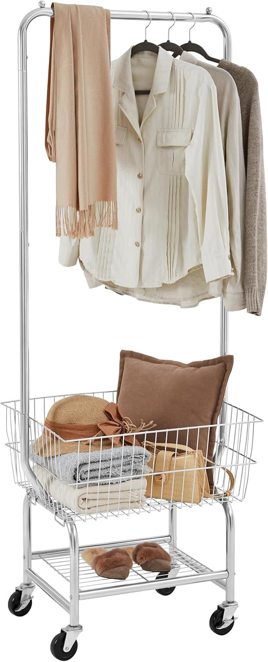 Rolling Laundry Cart with Hanging Rack – Chrome-Plated Organizer