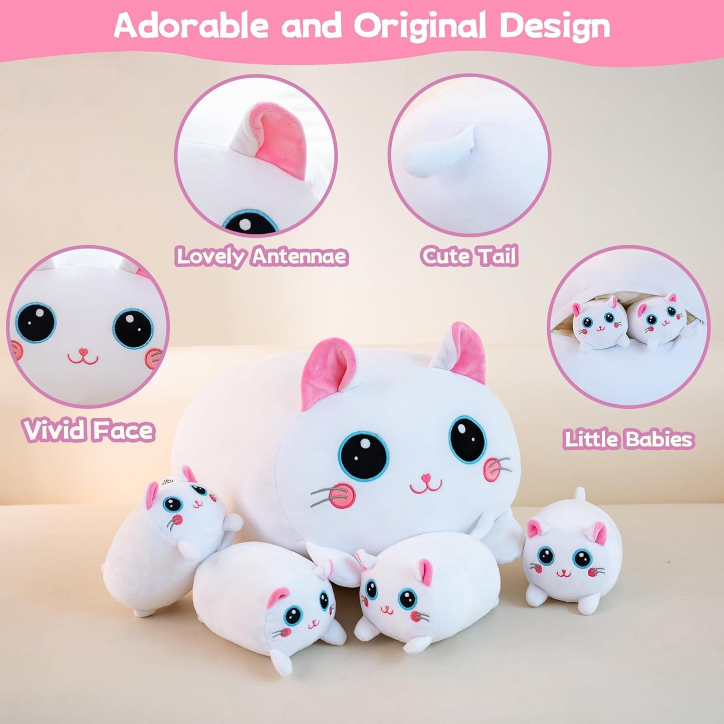 16" Cat Plush Toy Set – Jumbo Stuffed Animal with 4 Kitties for Kids and Loved Ones