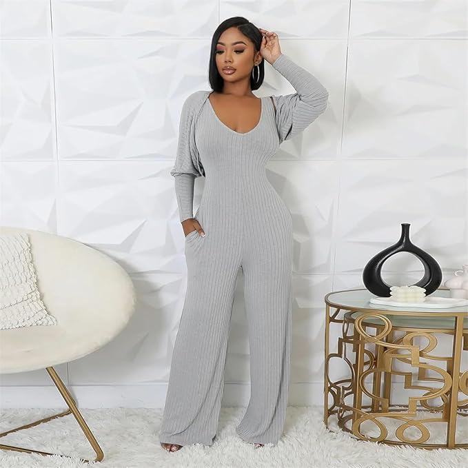 Women’s Ribbed Knit 2-Piece Outfit – Batwing Cardigan, Tank & Wide-Leg Pants with Pockets (Gray, XXL)