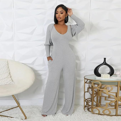 Women’s Ribbed Knit 2-Piece Outfit – Batwing Cardigan, Tank & Wide-Leg Pants with Pockets (Gray, XXL)