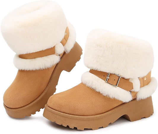 Women’s Ankle Winter Boots – Chunky Low Heel Slip-On with Buckle (Chestnut-White Fuzzy, Size 9)