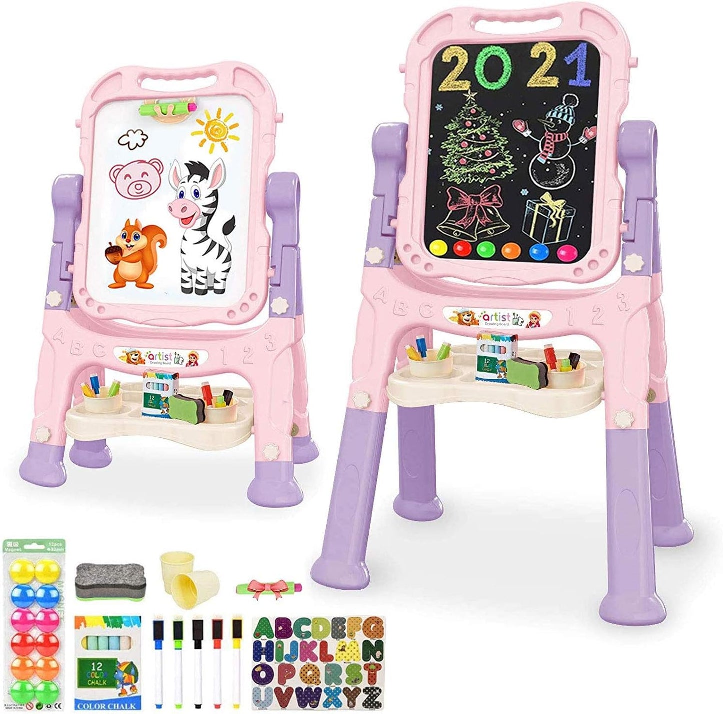 Kids Art Easel – Adjustable Double-Sided Rotating Easel with Painting Accessories (Pink)