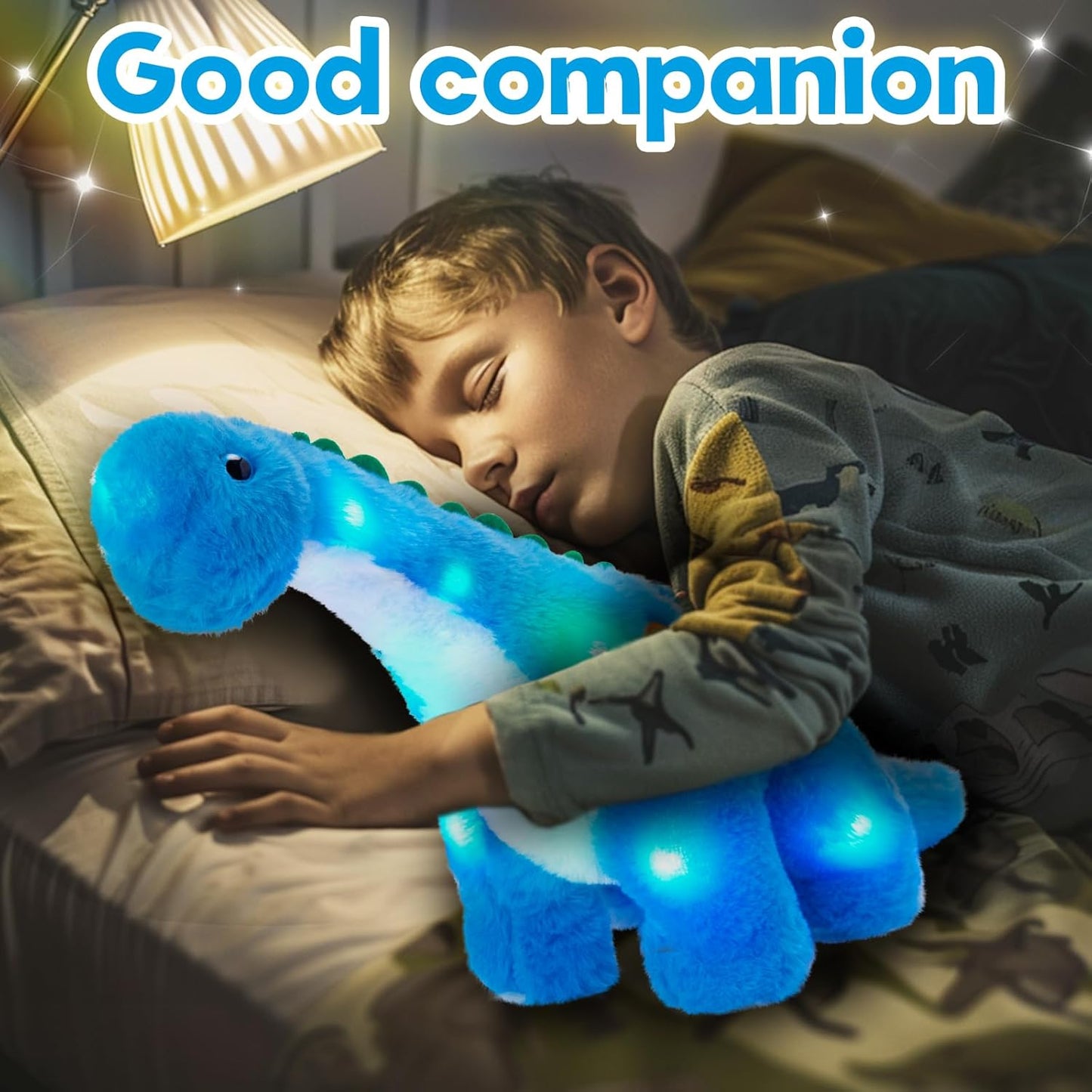 14" Glow-in-the-Dark Blue Dinosaur Plush Toy – LED Diplodocus Night Light for Kids