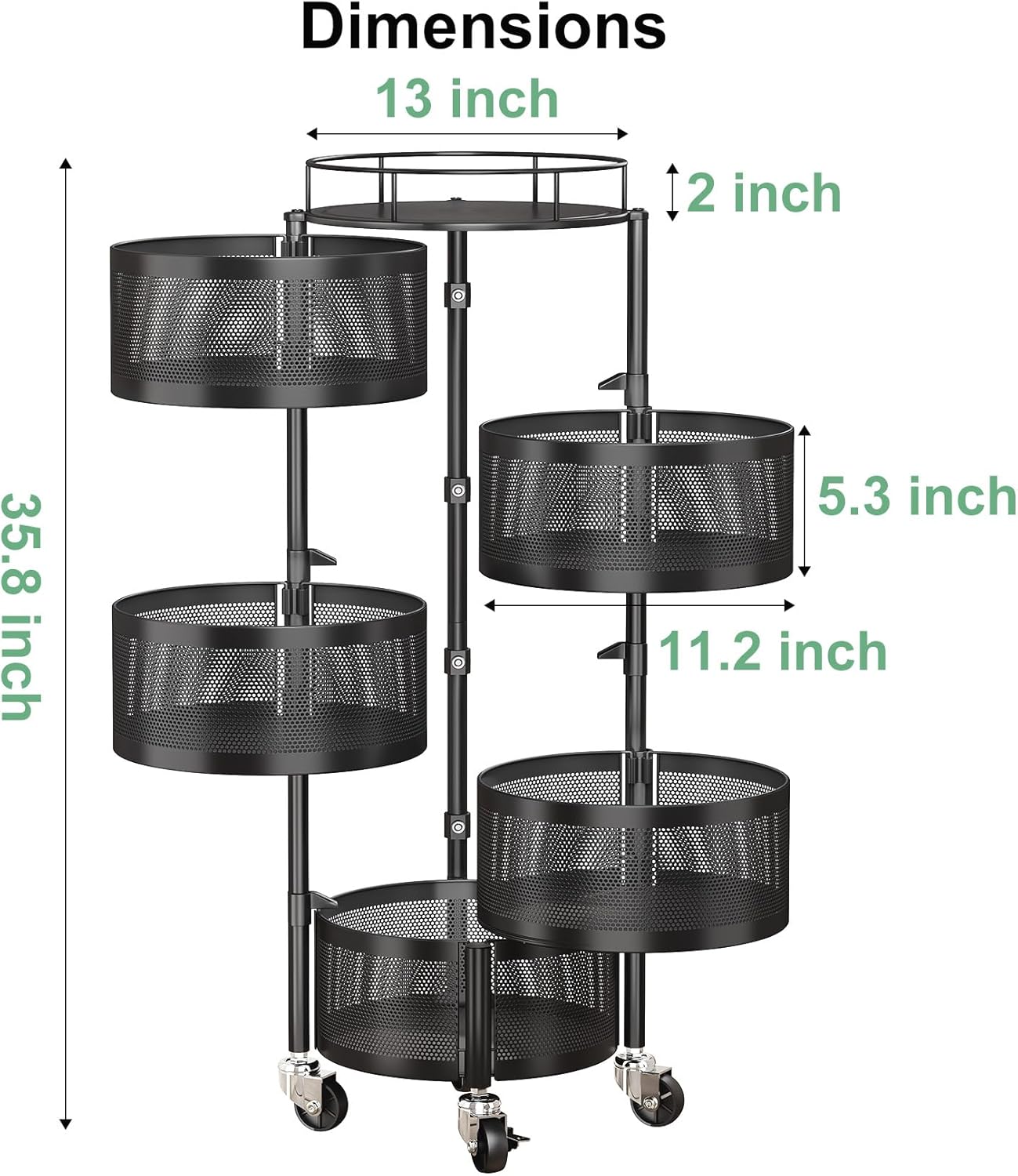 5-Tier Rotating Fruit & Vegetable Basket – Rolling Kitchen Storage Rack with Wheels & Lid – Black