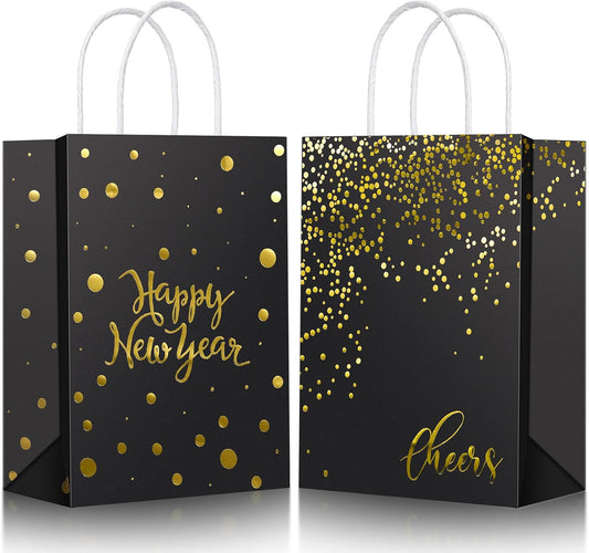 36 Pcs Happy New Year Gift Bags - Black Kraft Paper Bags with Handles (Gold Foiled) for Parties and Favors