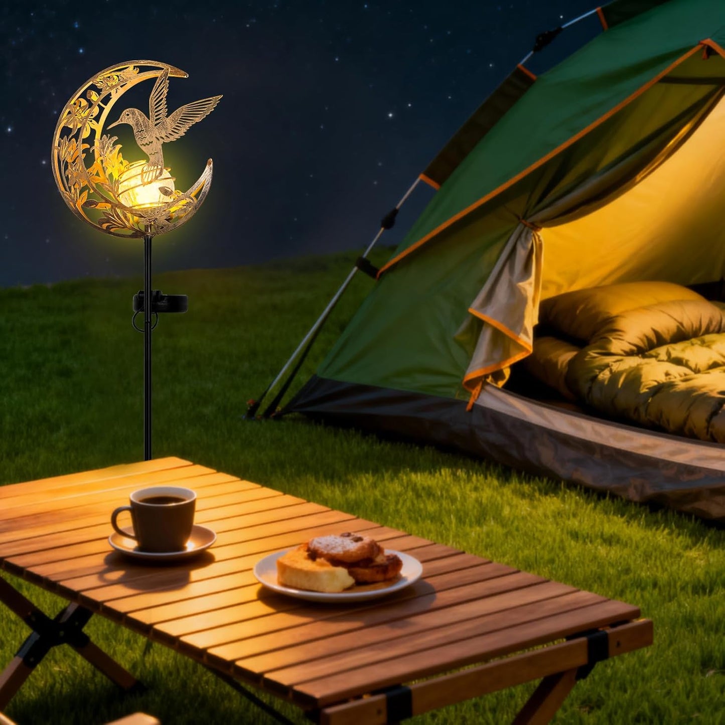 Solar Hummingbird Stake Light – Moon & Bird Metal Outdoor Decor, Waterproof Auto On/Off Pathway Light for Yard, Lawn, Patio & Garden