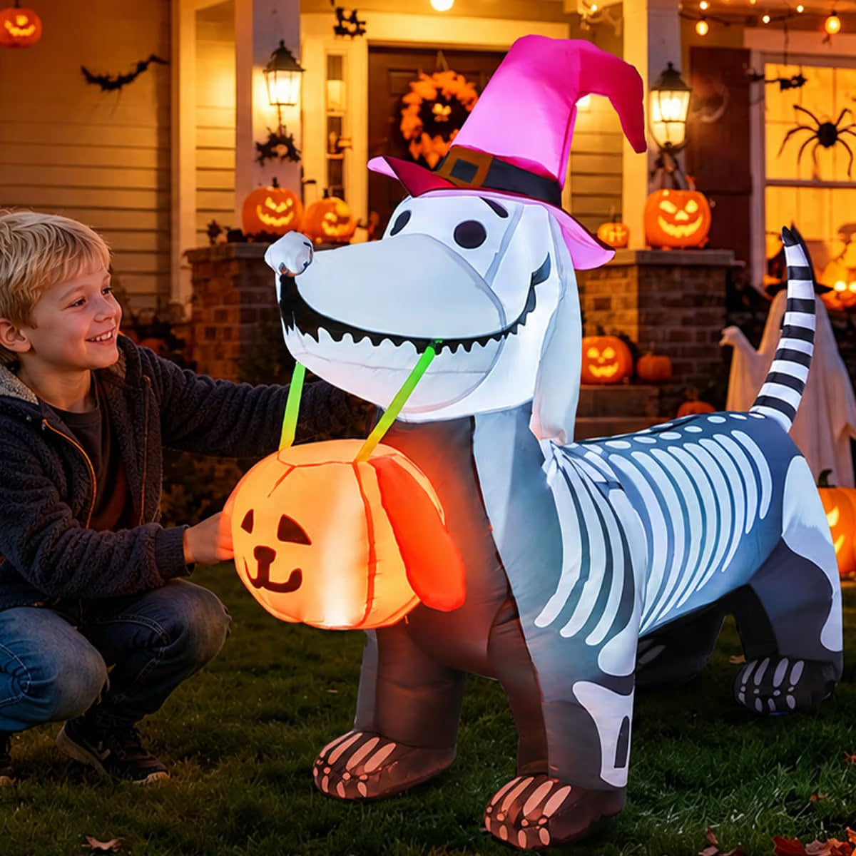 5.5 Ft Halloween Inflatable Skeleton Puppy – LED Light-Up Pumpkin Blow-Up Decoration for Indoor & Outdoor Yard, Garden & Party Décor
