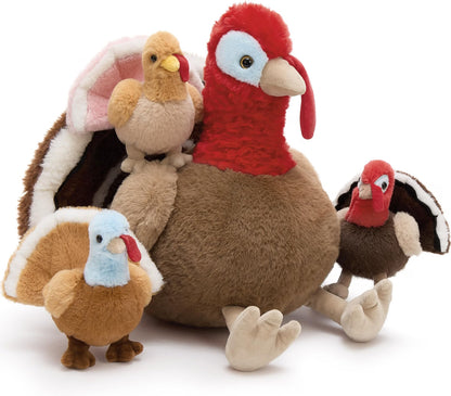 14" Thanksgiving Turkey Stuffed Animal with 3 Baby Turkeys – Soft Fall Plush Toy & Holiday Décor