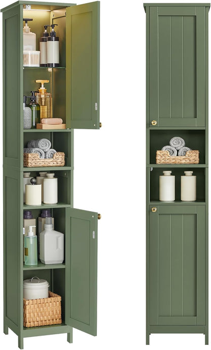 Slim Forest Green Bathroom Cabinet with Lights and Adjustable Shelves