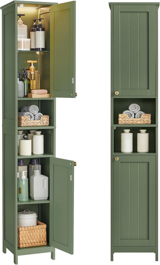 Slim Forest Green Bathroom Cabinet with Lights and Adjustable Shelves