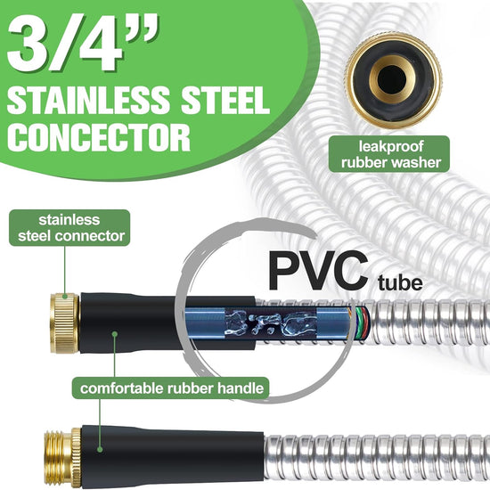 100ft Metal Garden Hose - Flexible Stainless Steel with Brass Fittings