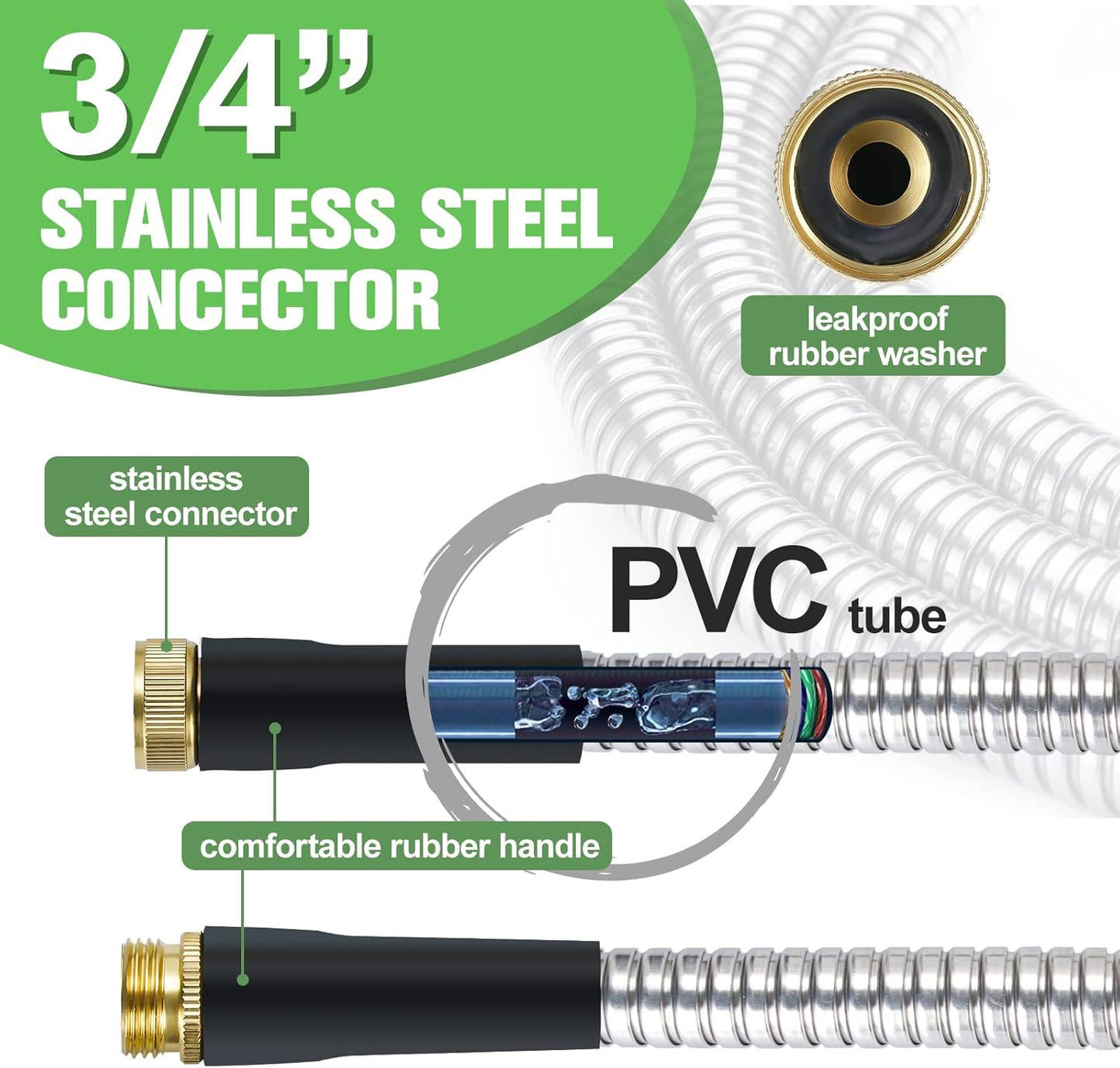 100ft Metal Garden Hose - Flexible Stainless Steel with Brass Fittings