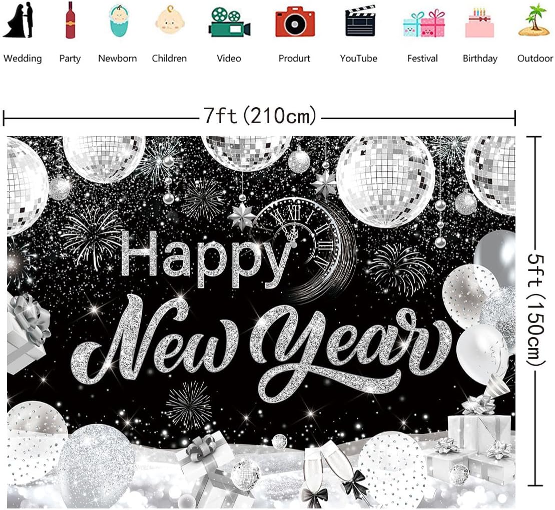 2026 Happy New Year Backdrop – 10x8 FT Black & Silver Photo Background with Fireworks & Champagne