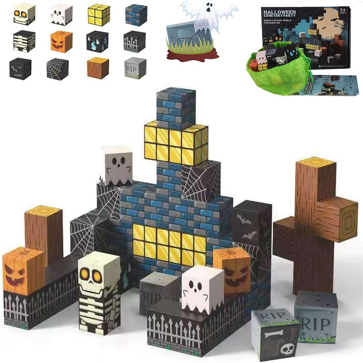 Halloween Magnetic Building Blocks – Skeleton Spooky Town Construction Toy for Kids