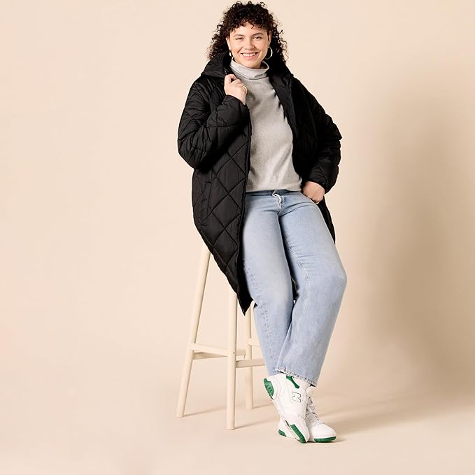 Women’s Heavyweight Puffer Jacket – Diamond Quilted Knee-Length Winter Coat