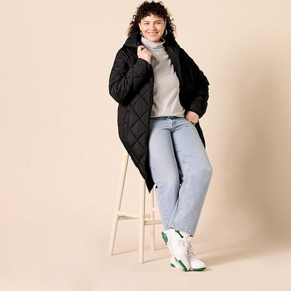 Women’s Heavyweight Puffer Jacket – Diamond Quilted Knee-Length Winter Coat