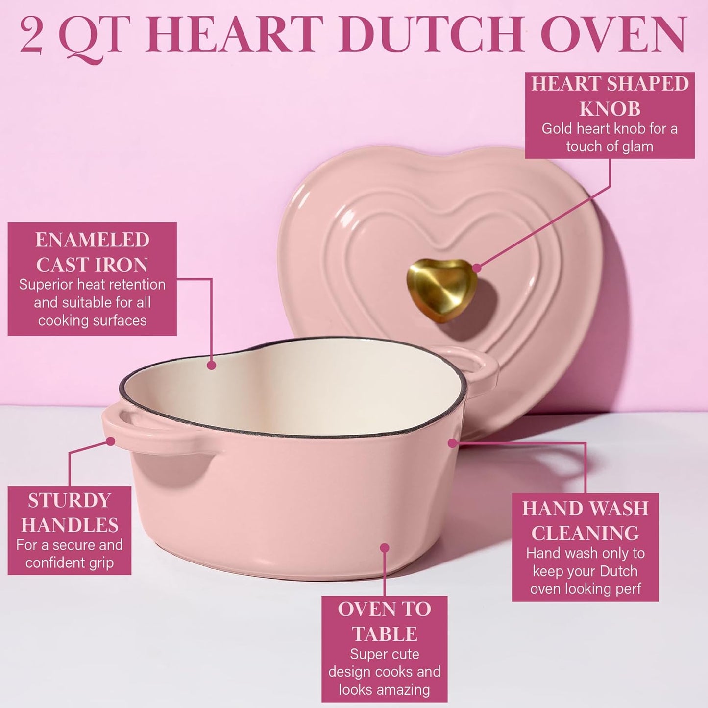 2-Quart Heart-Shaped Enameled Cast Iron Dutch Oven – Oven Safe to 500°F (Pink)