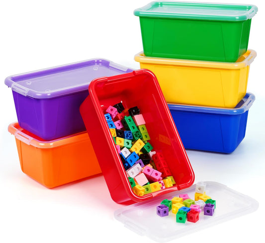 6-Pack 6-Quart Rainbow Storage Bins with Lids – Stackable Opaque Boxes for Classroom, Kids' Toys, Crafts, and STEM Tubs